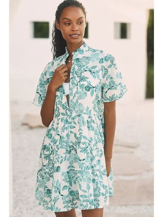 RO'S GARDEN Dresses & Skirts - RO'S GARDEN Vibeka Pleated Mini Dress Shirt Sleeves Women's Size M Turquoise